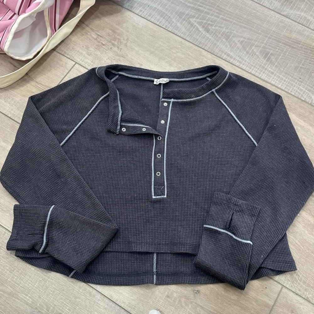Free People Black Cropped Waffle Henley with Gray Trim
